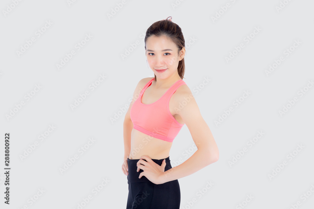 Beautiful portrait young asian woman in sport clothes with satisfied and confident isolated on white background, asia girl cheerful have shape and wellness, exercise for fit with health concept. Beautiful portrait young asian woman in sport clothes with satisfied and confident isolated on white background, asia girl cheerful have shape and wellness, exercise for fit with health concept.