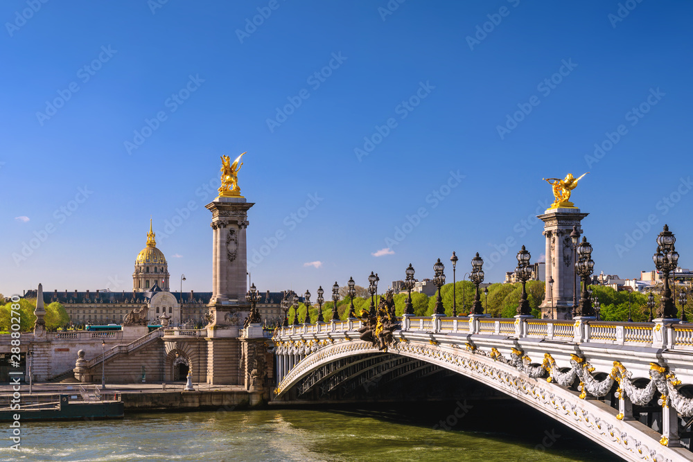 Paris France city skyline at Seine River with Pont Alexandre III bridge