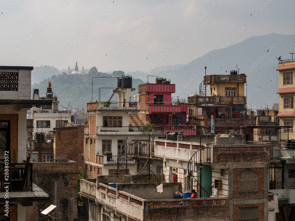 Kathmandu Rooftops, Stupa, Crowded City Skyline in Nepal