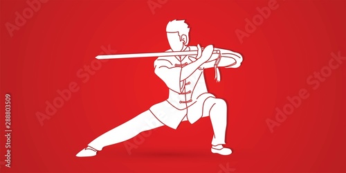 Man with sword action, Kung Fu pose graphic vector.