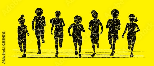 Group of Children running together cartoon graphic vector
