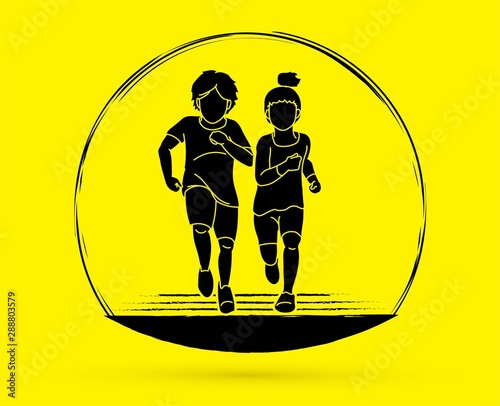 Boy and Girl running together, Children running cartoon graphic vector