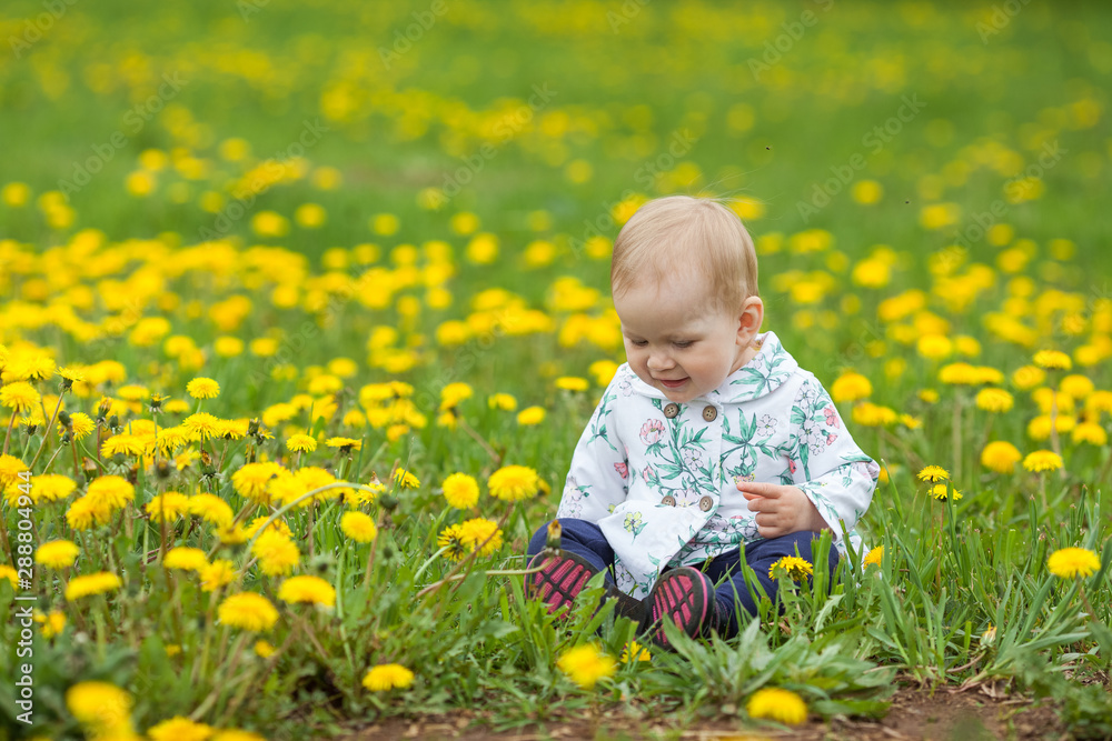 Little girl on the meadow with dandelions, happy baby among dandelions. Little girl on the meadow with dandelions, happy baby among dandelions.