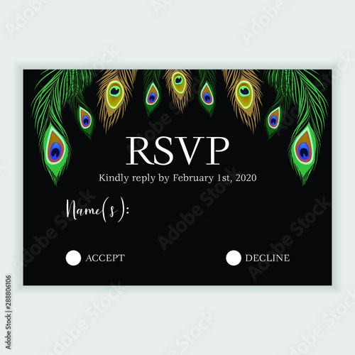 RSVP card template with peacock feather