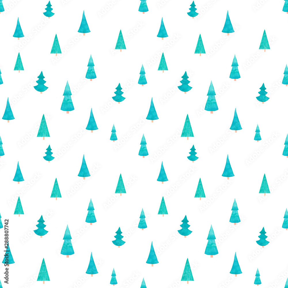 Fir trees seamless pattern. Tiny forest flora on white background. Watercolor evergreen spruce and pine trees decorative texture. Winter season wrapping paper, textile design Fir trees seamless pattern. Tiny forest flora on white background. Watercolor evergreen spruce and pine trees decorative texture. Winter season wrapping paper, textile design