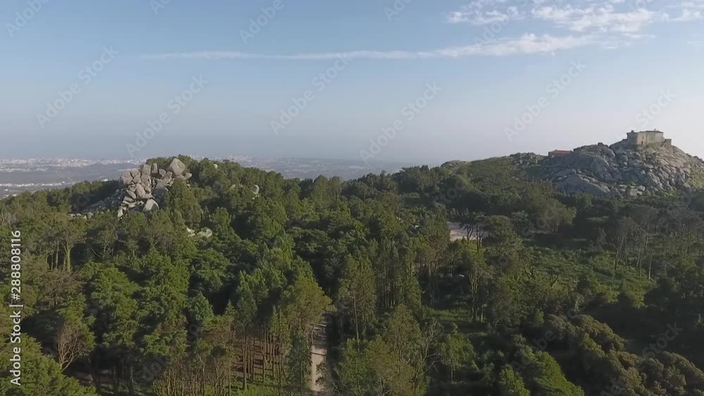 Aerial view of dense woodlands around Peninha Sanctuary, Sintra-Cascais Natural Park, Portugal Aerial view of dense woodlands around Peninha Sanctuary, Sintra-Cascais Natural Park, Portugal