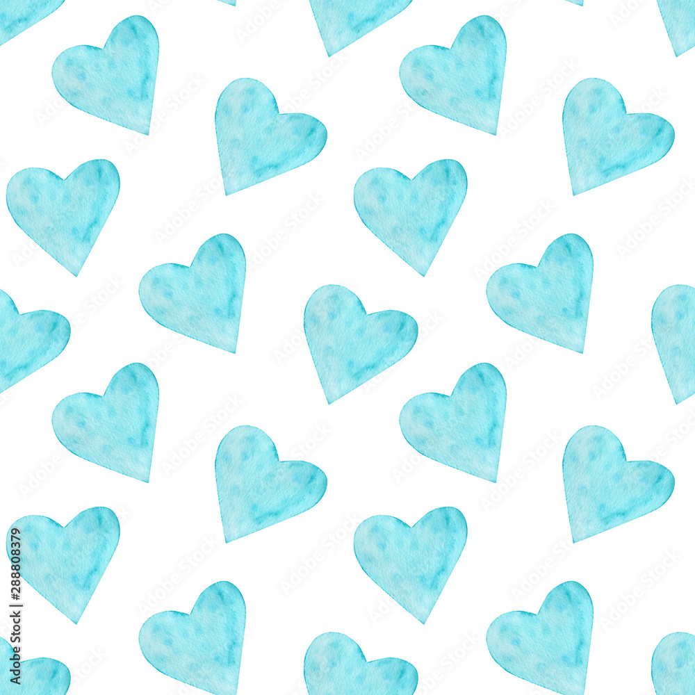  Blue big  hearts seamless pattern. Watercolor love symbols on white background. Pastel turquoise hearts for St Valentines day, wedding decor.