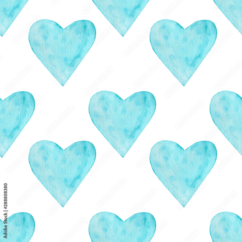  Blue big  hearts seamless pattern. Watercolor love symbols on white background. Pastel turquoise hearts for St Valentines day, wedding decor.