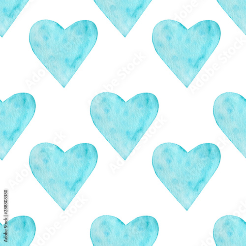  Blue big hearts seamless pattern. Watercolor love symbols on white background. Pastel turquoise hearts for St Valentines day, wedding decor.