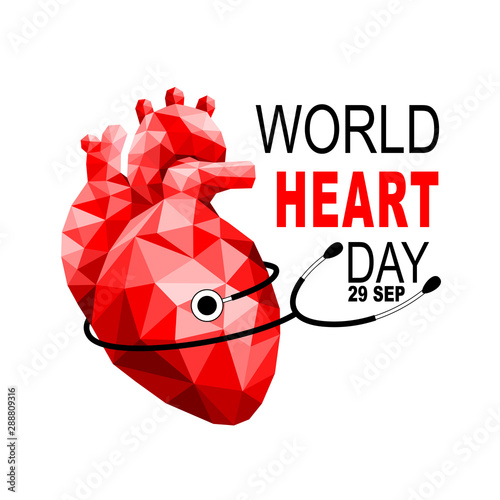 Abstract human heart polygonal style with stethoscope. World heart day, health care concept. Illustration isolated on white background.