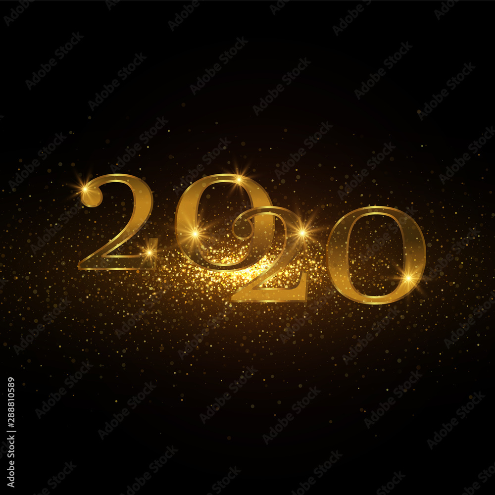 2020 Sparkling golden numbers, glitter dust, shiny particles. Festive new year background