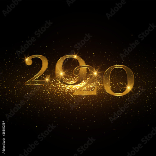 2020 Sparkling golden numbers, glitter dust, shiny particles. Festive new year background