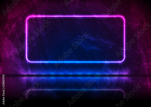 Neon rectangle frame on blue violet grunge background. Old luminous wall concrete texture. Vector glowing design
