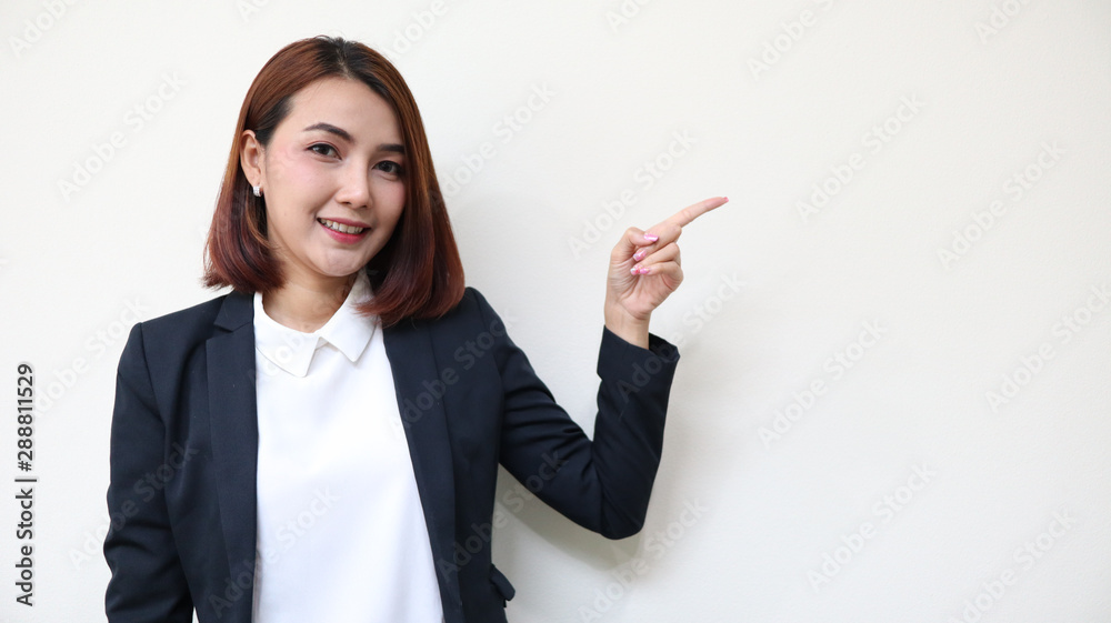 business woman pointing up over white background business woman pointing up over white background