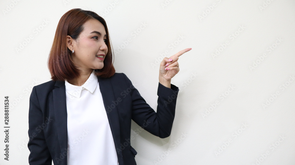 business woman pointing up over white background business woman pointing up over white background