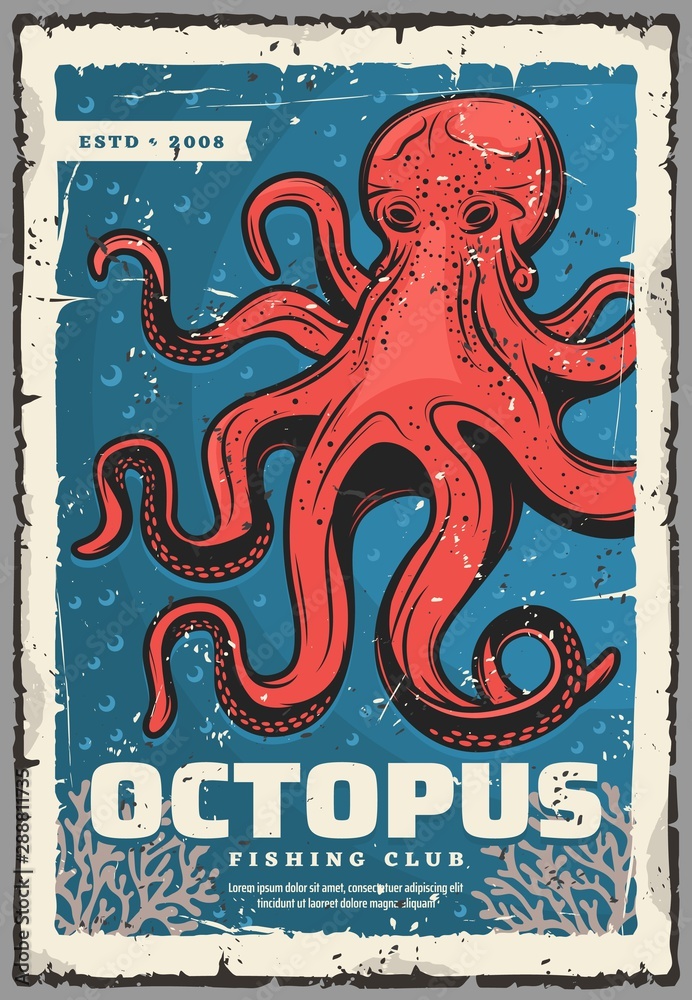 Marine red octopus, underwater monster