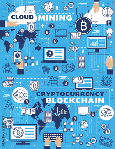 Blockchain, cryptocurrency and cloud mining vector