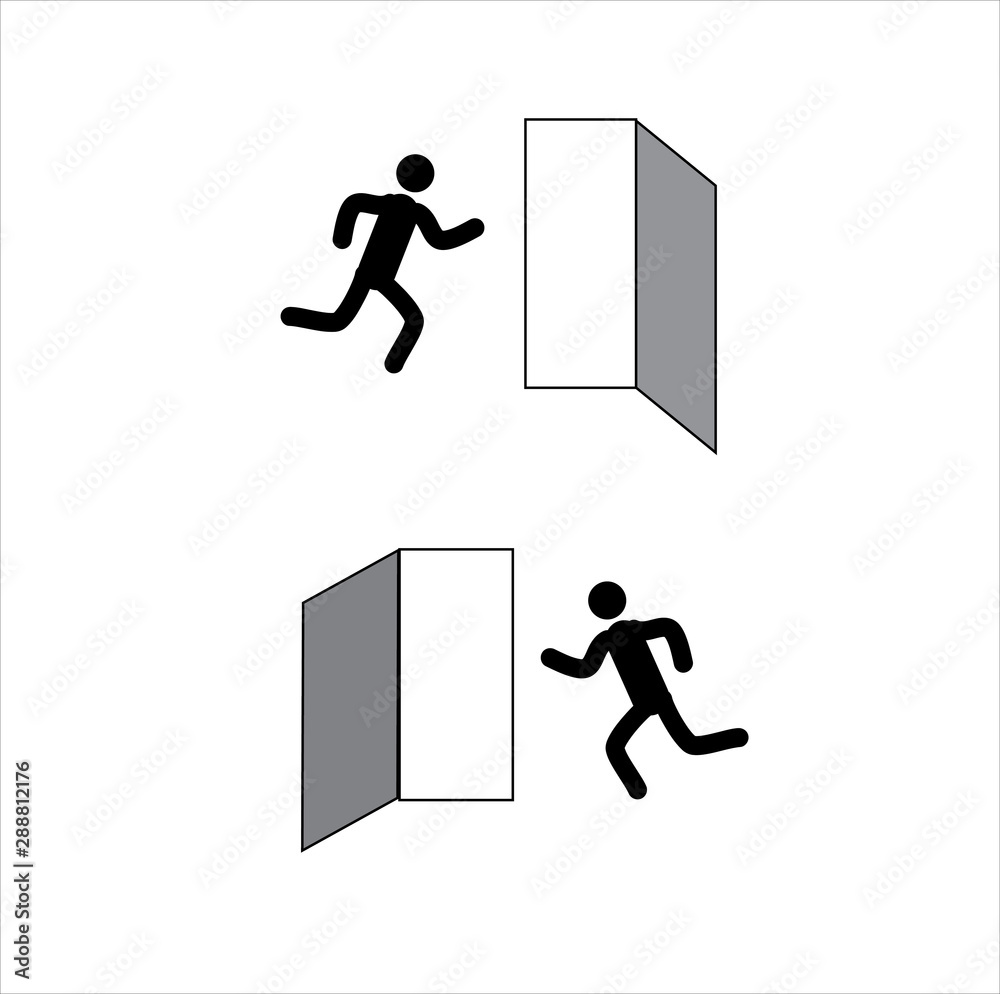 stick man runs to the exit, icons warning of the presence of the exit from the room