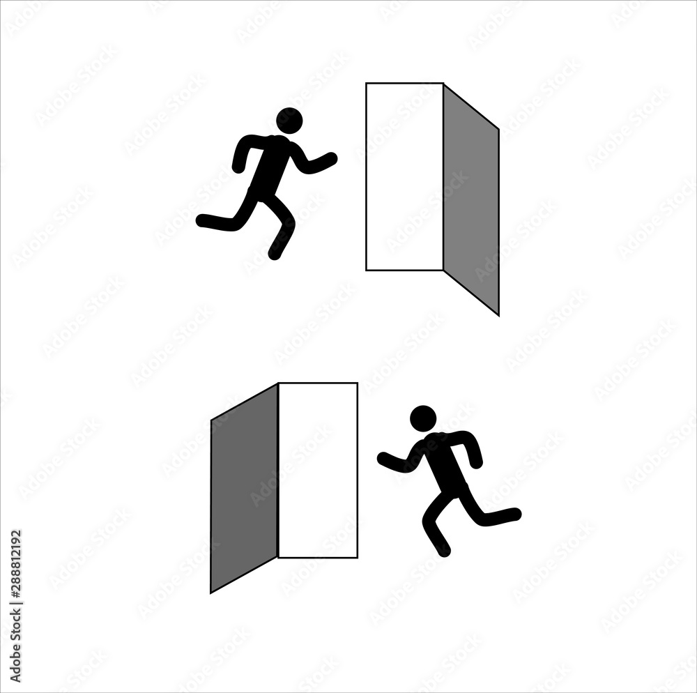 stick man runs to the exit, icons warning of the presence of the exit from the room stick man runs to the exit, icons warning of the presence of the exit from the room