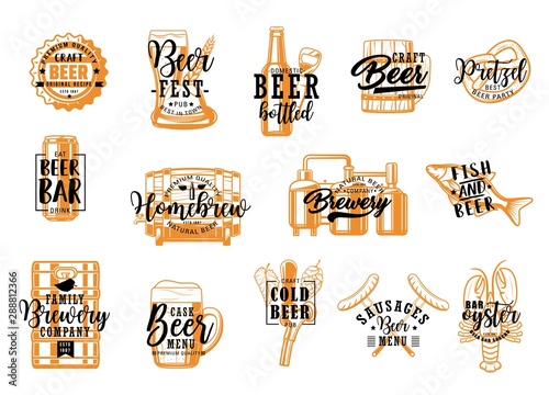 Brewery pub, beer drinks and snacks icons