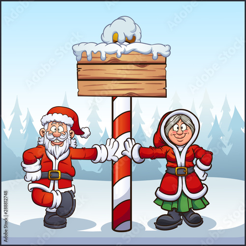 Santa Claus and Mrs. Santa at North Pole with wooden sign clip art. Vector illustration with simple gradients. Some elements on separate layers. 