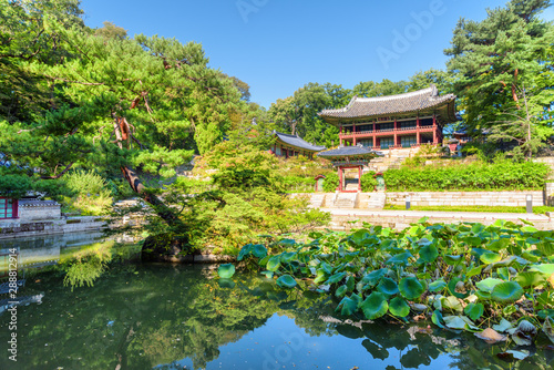 Fototapeta Naklejka Na Ścianę i Meble -  Juhamnu Pavilion and Buyeongji Pond in Huwon Secret Garden