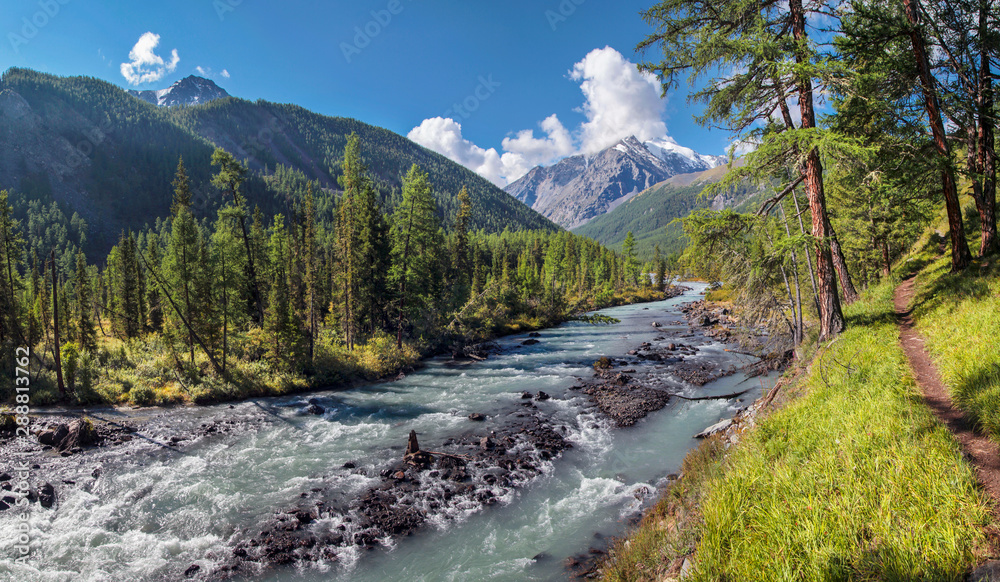 The river flows through a picturesque valley in the Altai Mountains, summer sunny landscape The river flows through a picturesque valley in the Altai Mountains, summer sunny landscape