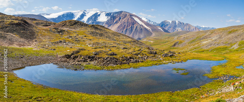 Panoramic mountain landscape. Lake in the valley and snow-capped peaks.