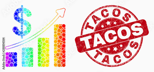 Pixel spectral profit up trend chart mosaic pictogram and Tacos seal stamp. Red vector round textured seal stamp with Tacos caption. Vector composition in flat style.