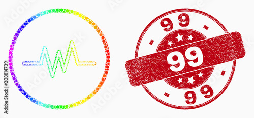 Pixelated spectral pulse signal mosaic pictogram and 99 stamp. Red vector rounded textured seal with 99 caption. Vector collage in flat style.