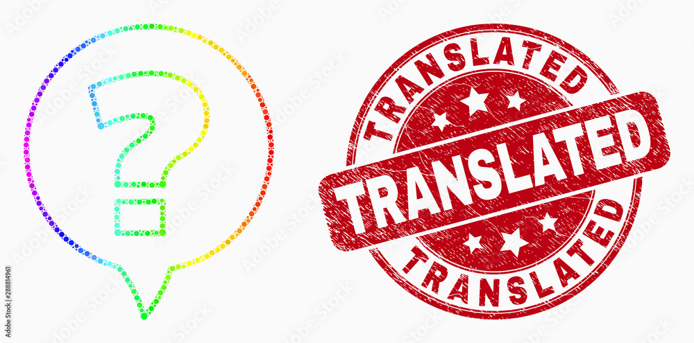 Pixelated rainbow gradiented question mosaic icon and Translated seal stamp. Red vector rounded distress seal stamp with Translated title. Vector composition in flat style. Pixelated rainbow gradiented question mosaic icon and Translated seal stamp. Red vector rounded distress seal stamp with Translated title. Vector composition in flat style.