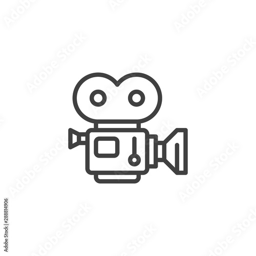 Movie camera with film strip line icon. linear style sign for mobile concept and web design. Camcorder, retro cinema projector outline vector icon. Symbol, logo illustration. Vector graphics