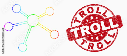 Pixel spectral relation links mosaic pictogram and Troll seal stamp. Red vector rounded textured seal with Troll phrase. Vector collage in flat style.