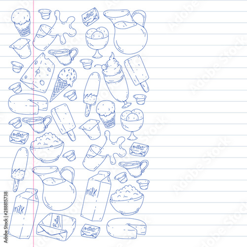 Vector pattern with icons of milk, butter,cottage cheese, sour cream, cheese, yogurt, ice cream, cream. Collection of dairy products.
