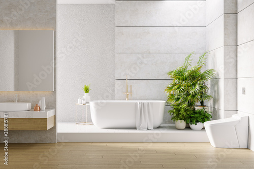 Modern  bathroom interior  white bathtub and wood tile and white stone wall   3drender