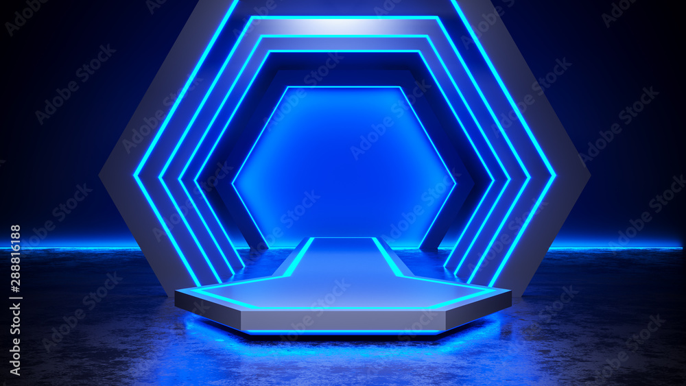 Hexagon stage with neon light blackground and concrete floor blue