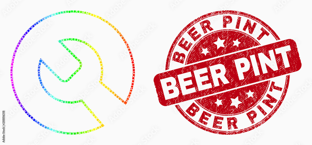 Pixelated spectrum repair wrench mosaic icon and Beer Pint seal stamp. Red vector rounded grunge seal with Beer Pint title. Vector composition in flat style. Pixelated spectrum repair wrench mosaic icon and Beer Pint seal stamp. Red vector rounded grunge seal with Beer Pint title. Vector composition in flat style.