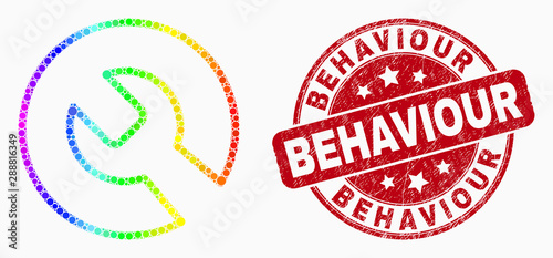 Dotted bright spectral repair wrench mosaic pictogram and Behaviour stamp. Red vector rounded grunge seal stamp with Behaviour message. Vector combination in flat style.