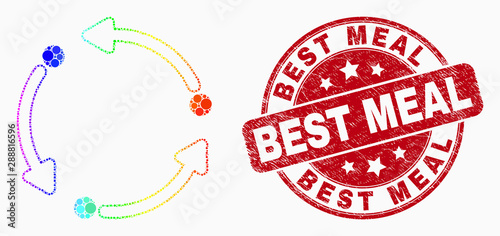 Pixel bright spectral rotation arrows mosaic icon and Best Meal seal stamp. Red vector round textured seal with Best Meal text. Vector collage in flat style.