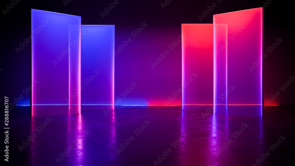 Modern Futuristic neon light  ,with blackground,and concrete floor,ultraviolet  concept,3d render - obrazy, fototapety, plakaty 
