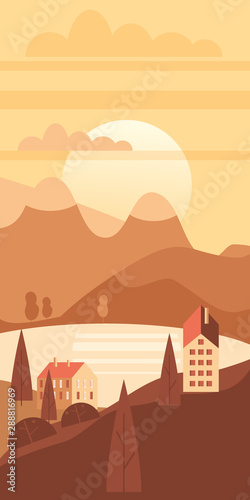 Autumn landscape rural suburban traditional buildings, hills and trees mountains lake sun