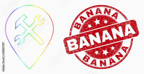 Dotted bright spectral service map pointer mosaic pictogram and Banana seal stamp. Red vector rounded textured seal stamp with Banana title. Vector combination in flat style.