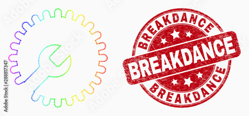 Pixel spectral settings gear mosaic pictogram and Breakdance seal. Red vector rounded grunge watermark with Breakdance caption. Vector composition in flat style.