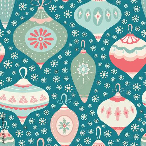 Christmas bauble pattern design with snowflakes in green, pink and blue. Seamless vintage style vector seasonal illustration.