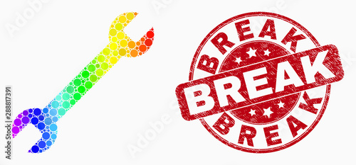 Pixel bright spectral settings gear mosaic pictogram and Break seal stamp. Red vector round grunge stamp with Break text. Vector collage in flat style.
