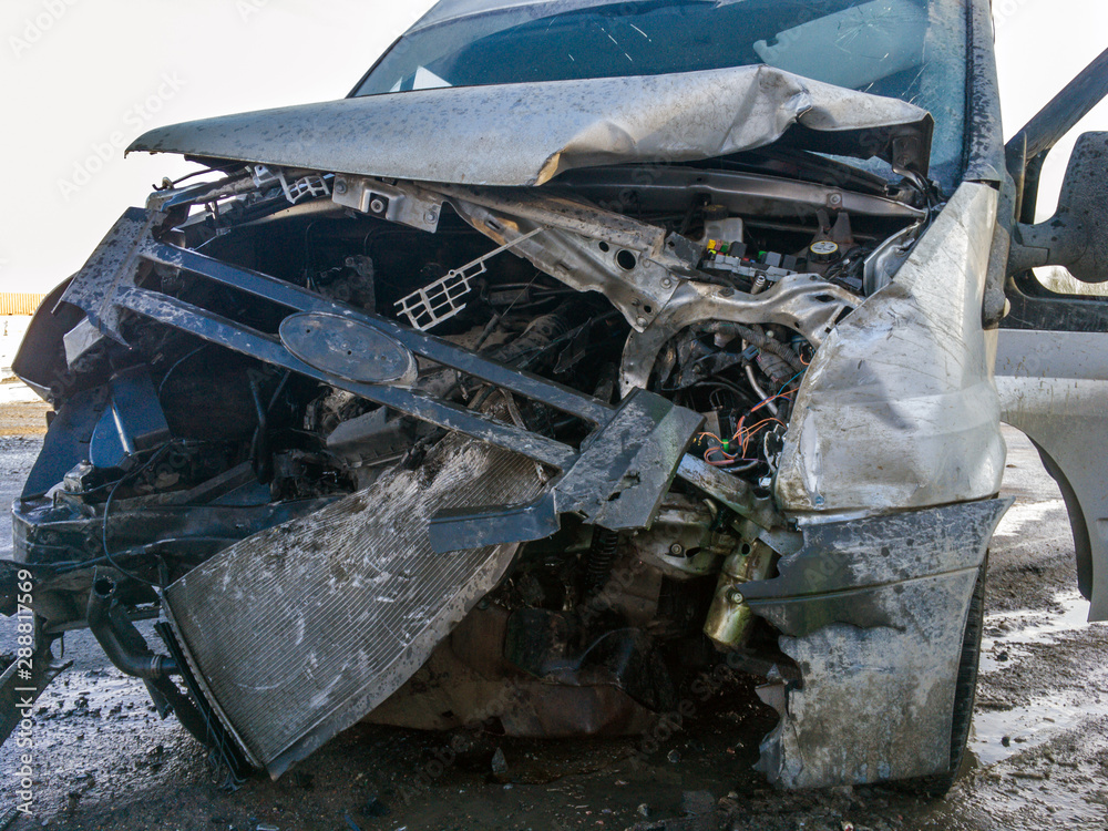 Murmansk, Russia - April 04, 2019: The front part of the car, completely broken in an accident Murmansk, Russia - April 04, 2019: The front part of the car, completely broken in an accident