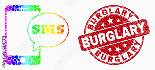 Pixelated bright spectral smartphone SMS mosaic pictogram and Burglary watermark. Red vector rounded distress seal stamp with Burglary caption. Vector composition in flat style.