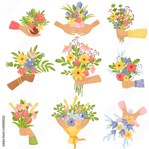 Set. Hands are holding bouquets of flowers. Vector illustration on a white background.