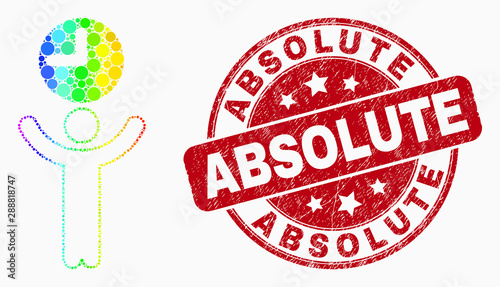 Dotted rainbow gradiented time manager mosaic icon and Absolute seal stamp. Red vector rounded distress seal stamp with Absolute phrase. Vector combination in flat style.