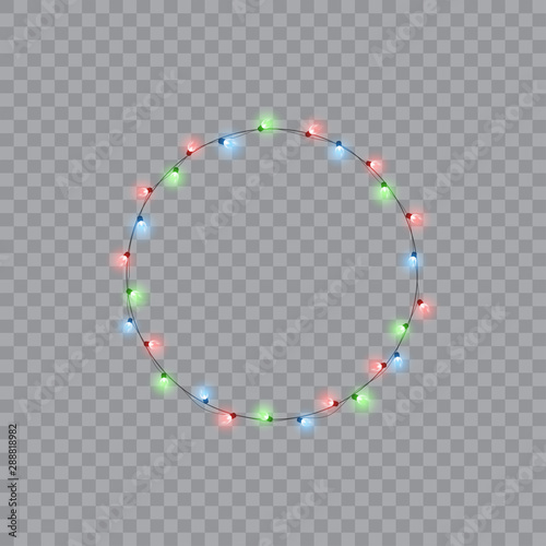 Christmas wreath, frame of New Year's or Xmas bright glowing lights of garlands. Vector.